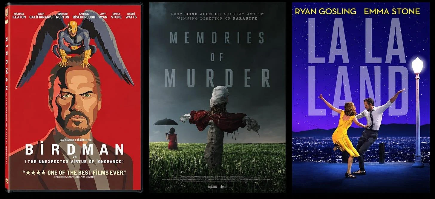 Posters for Birdman, Memories of Murder and La La Land