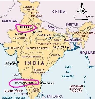 Map marking Delhi and Bangalore in India